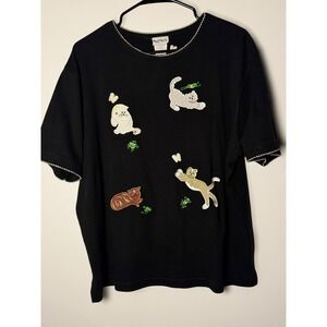 BonWorth Womens Black Embroidered Cat Cottagecore Short Sleeve‎ Top Size L